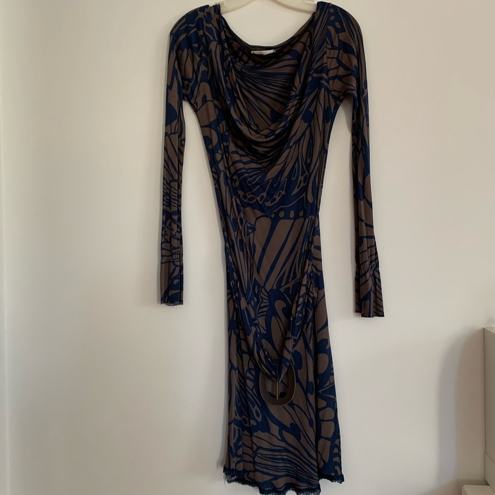 Unique blue brown long sleeve midi dress with belt